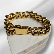Luxury 14mm Real 18K Gold Plated Cuban Link Bracelet – Men's Durable Stainless Steel Hand Chain with Spring Buckle Clasp