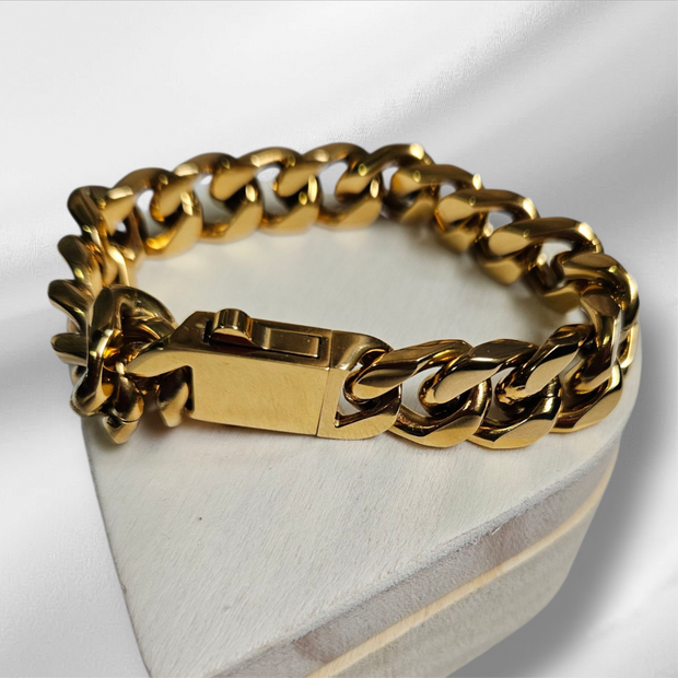 Luxury 14mm Real 18K Gold Plated Cuban Link Bracelet – Men's Durable Stainless Steel Hand Chain with Spring Buckle Clasp