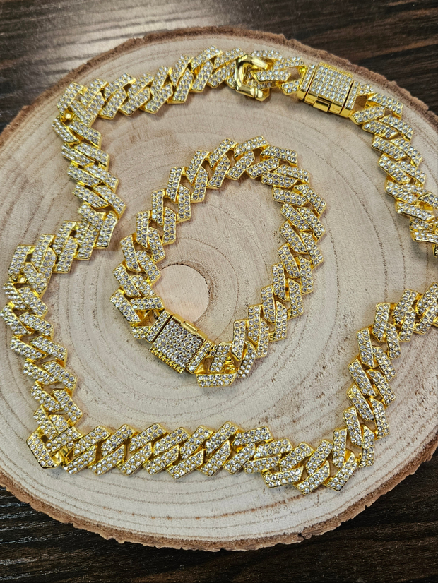 14mm Iced Out Cuban Chain Necklace & Bracelet Set – Hip Hop Bling Rhinestone Jewelry for Unisex