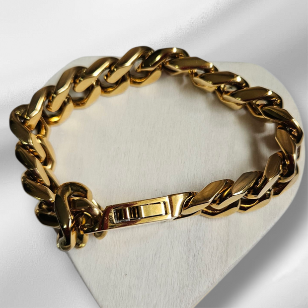 Luxury 14mm Real 18K Gold Plated Cuban Link Bracelet – Men's Durable Stainless Steel Hand Chain with Spring Buckle Clasp