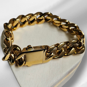 Luxury 14mm Real 18K Gold Plated Cuban Link Bracelet – Men's Durable Stainless Steel Hand Chain with Spring Buckle Clasp