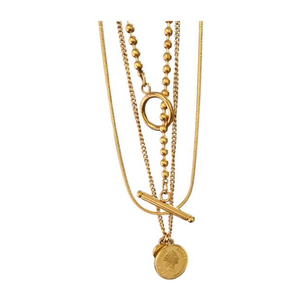 Gold Layered Stainless Steel 316L Necklace with Coin & Bar Pendant